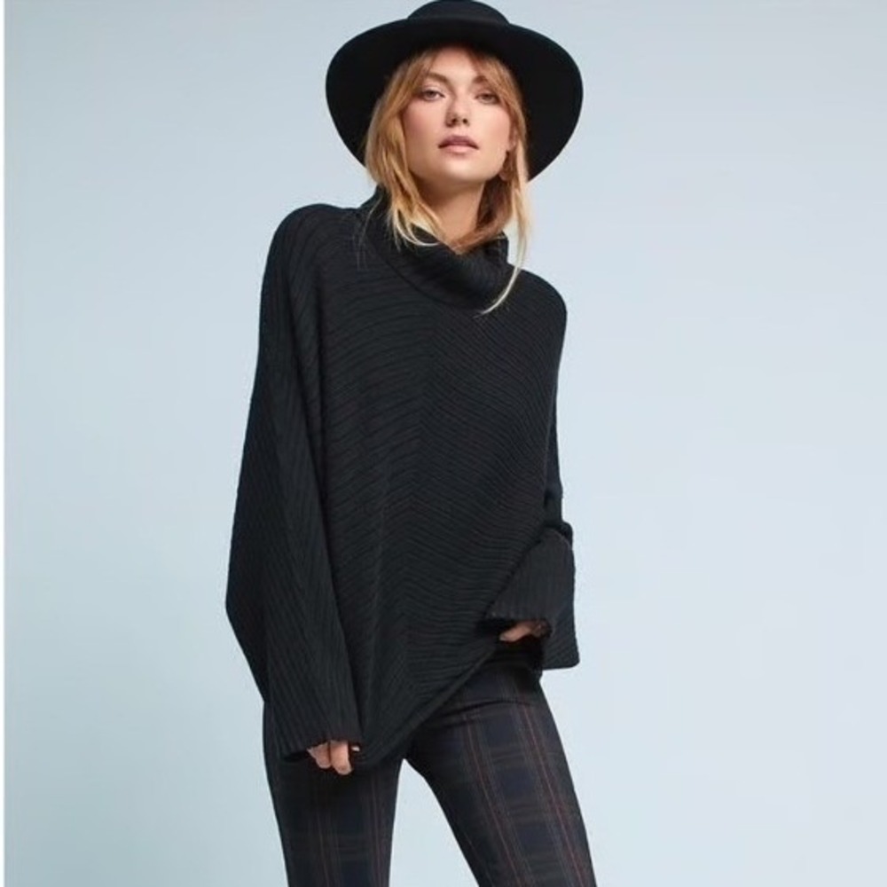 MOTH Black Ribbed Cowl Neck Oversized Poncho Sweater Top Boho Anthropologie